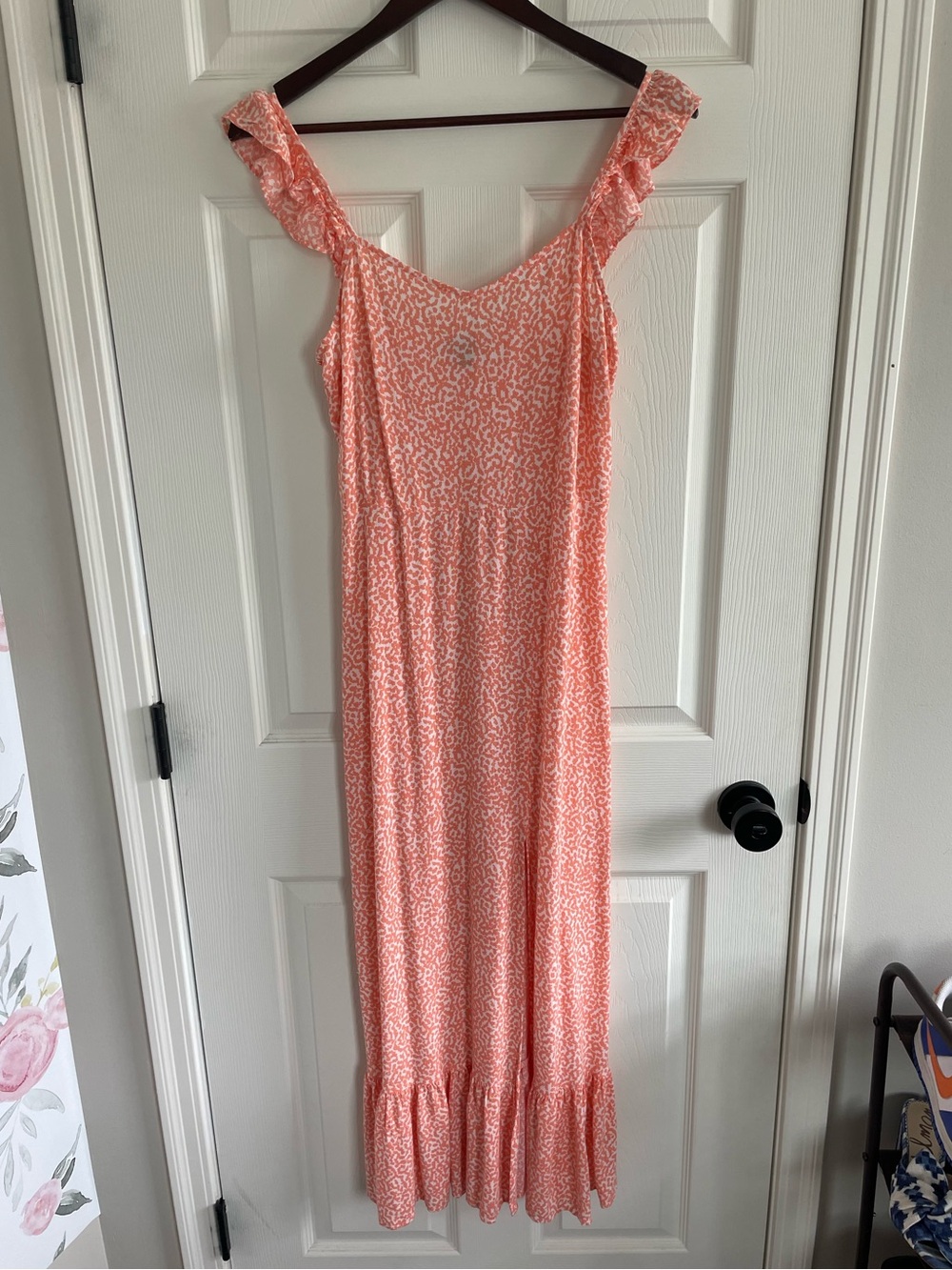 Express Coral Smocked Ruffle Strap Midi Dress Women’s Medium Vacation Beach